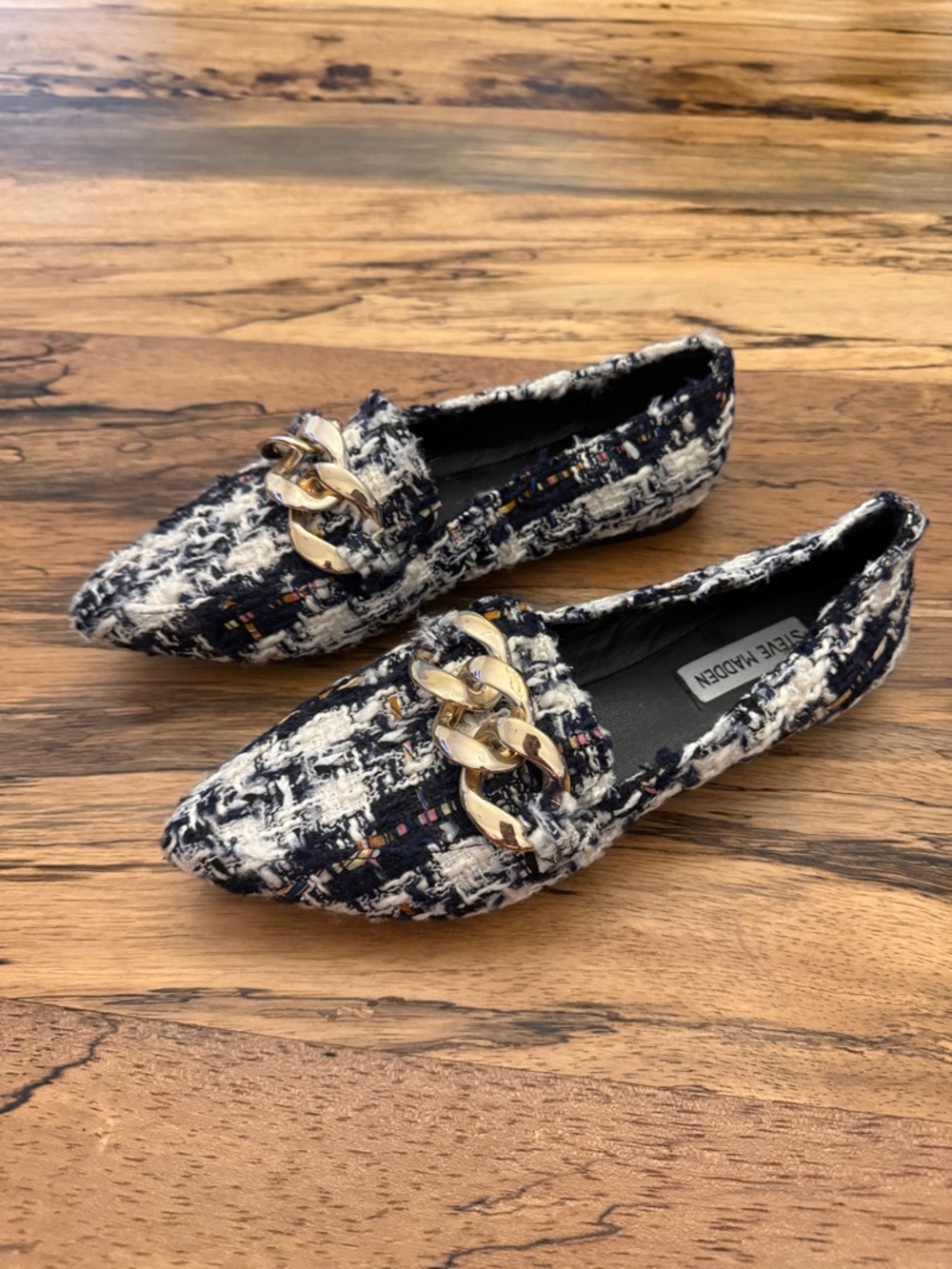 Steve Madden Navy and Cream Tweed Loafers with Gold Chain Accent